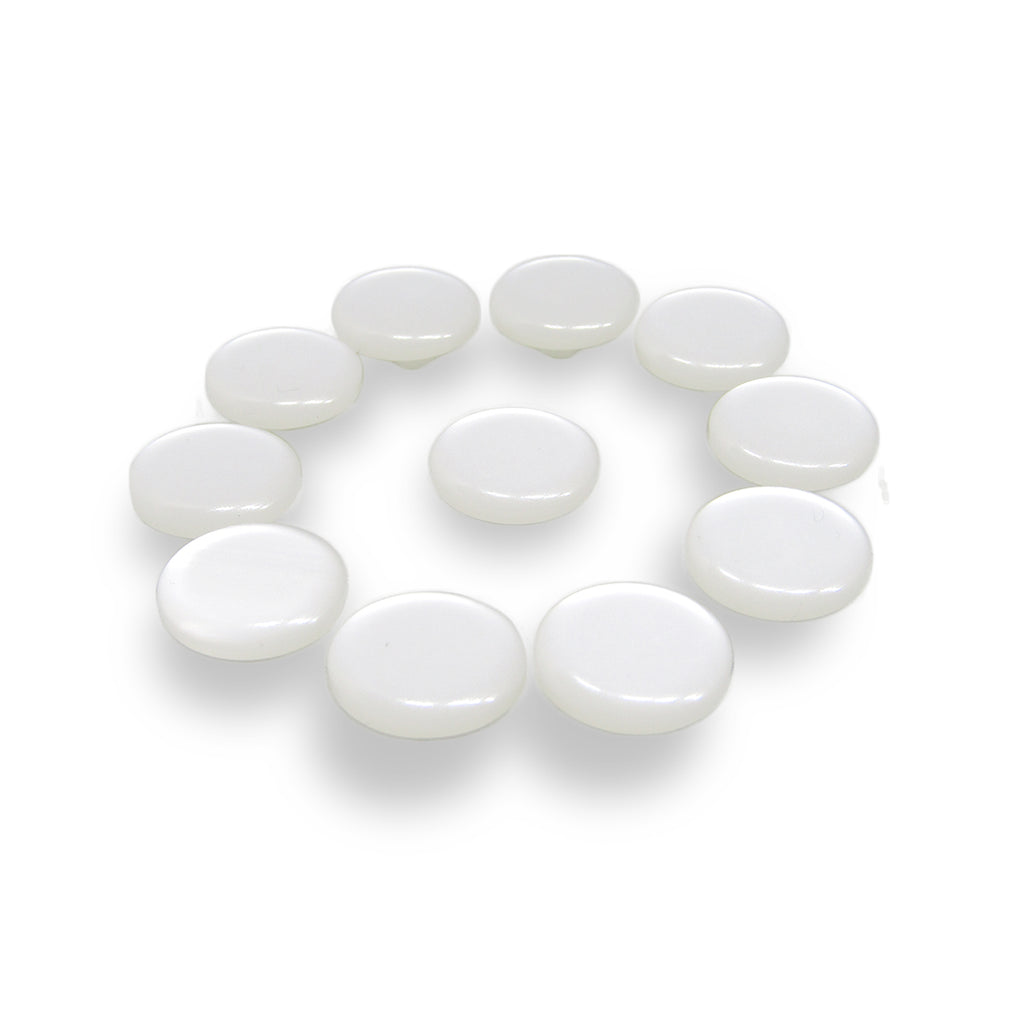 Eleven Flat Bridal Trim and Bustle Buttons are arranged in a circle on a plain white background, evoking the delicate look of wedding dress buttons.