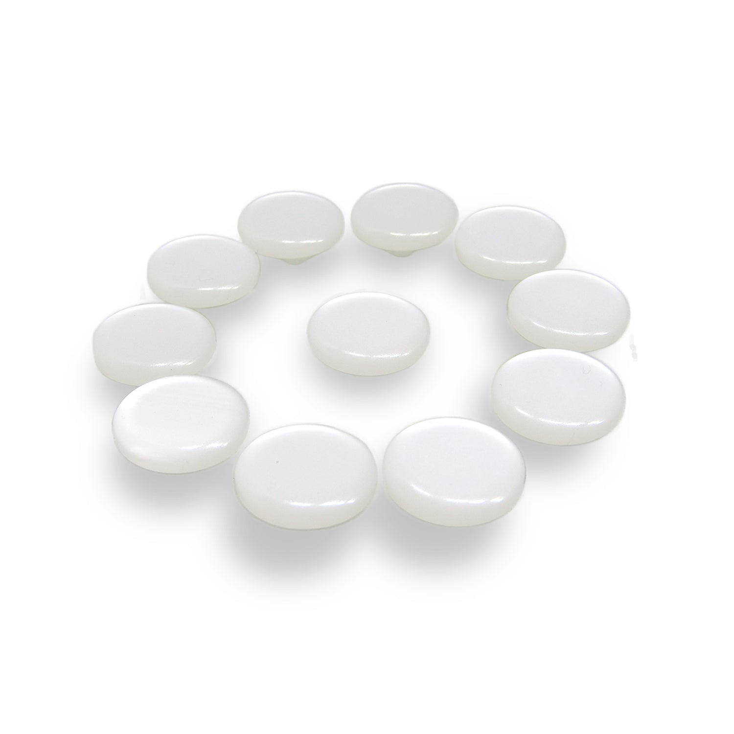 Eleven Flat Bridal Trim and Bustle Buttons are arranged in a circle on a plain white background, evoking the delicate look of wedding dress buttons.