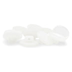 A set of Flat Bridal Trim and Bustle Buttons, made of white plastic with circular flat tops in assorted shapes, stacked together.