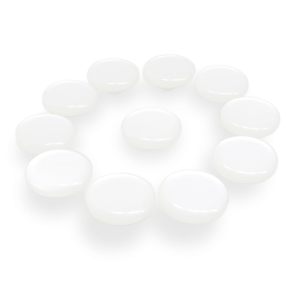 Twelve Flat Bridal Trim and Bustle Buttons, white and round, arranged in a circle on a white background, reminiscent of delicate wedding dress buttons.