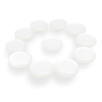 Twelve Flat Bridal Trim and Bustle Buttons, white and round, arranged in a circle on a white background, reminiscent of delicate wedding dress buttons.
