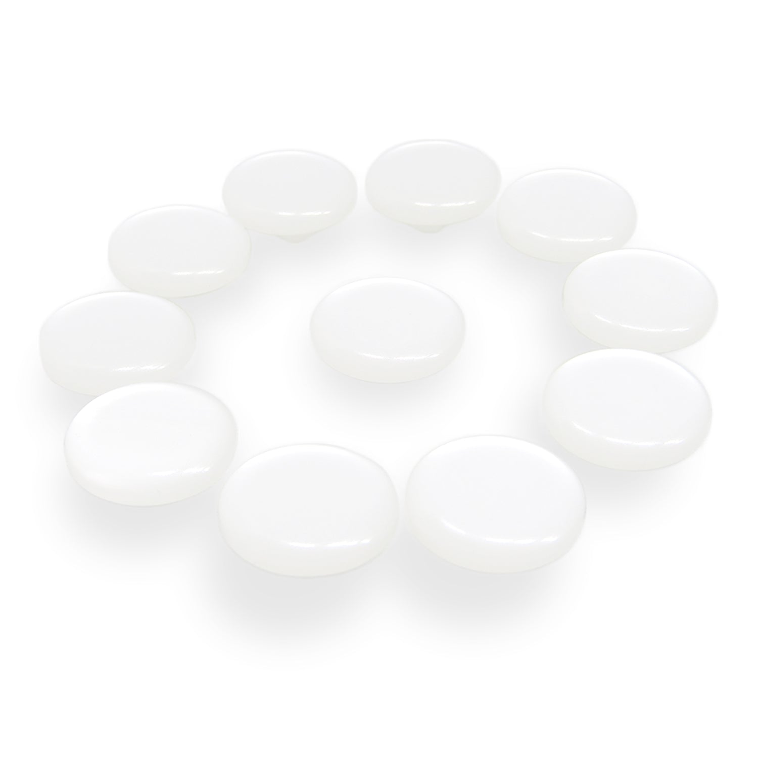 Twelve Flat Bridal Trim and Bustle Buttons, white and round, arranged in a circle on a white background, reminiscent of delicate wedding dress buttons.