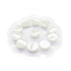 Twelve Flat Bridal Trim and Bustle Buttons, round, white, and shiny, arranged in a circle on a white background.
