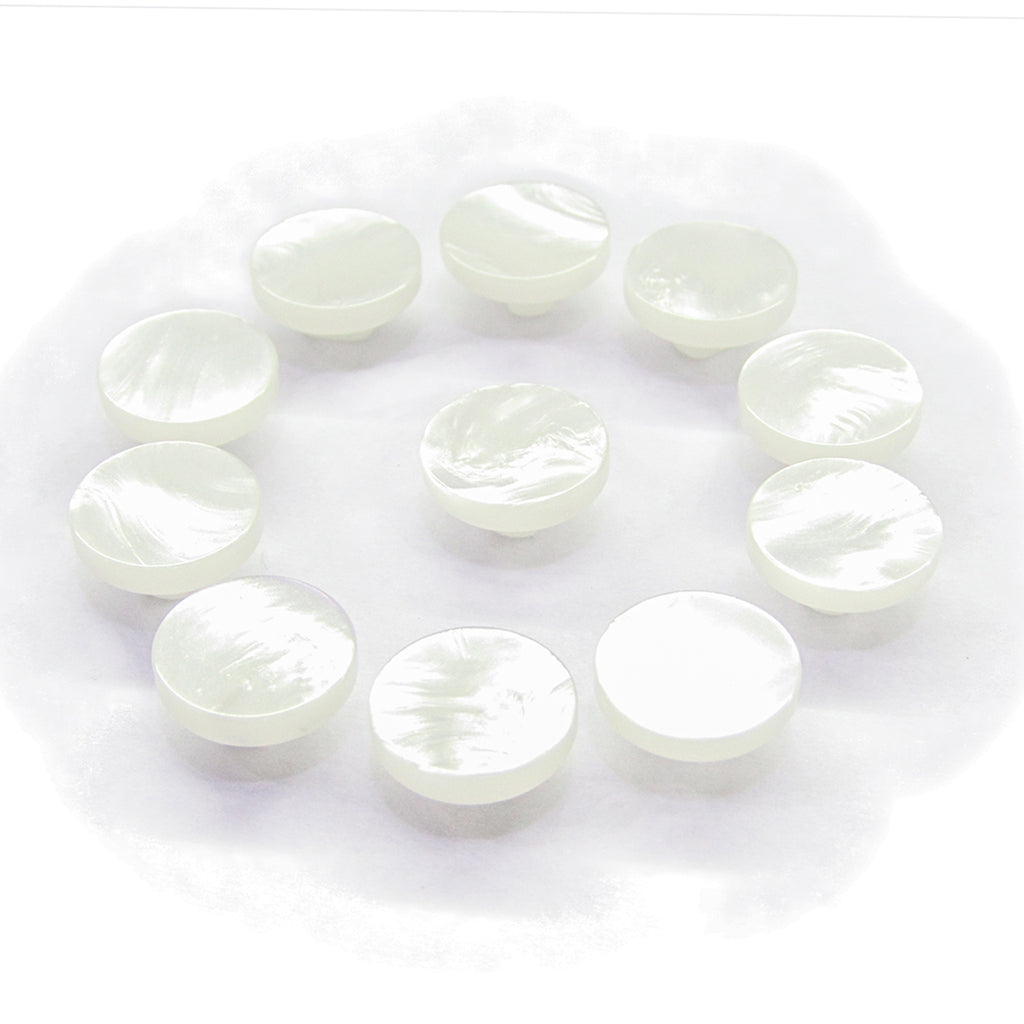 Ten Flat Bridal Trim and Bustle Buttons, round, white, glossy, and designed for women's wear, are arranged in a circle on a white background.