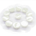 Ten Flat Bridal Trim and Bustle Buttons, round, white, glossy, and designed for women's wear, are arranged in a circle on a white background.