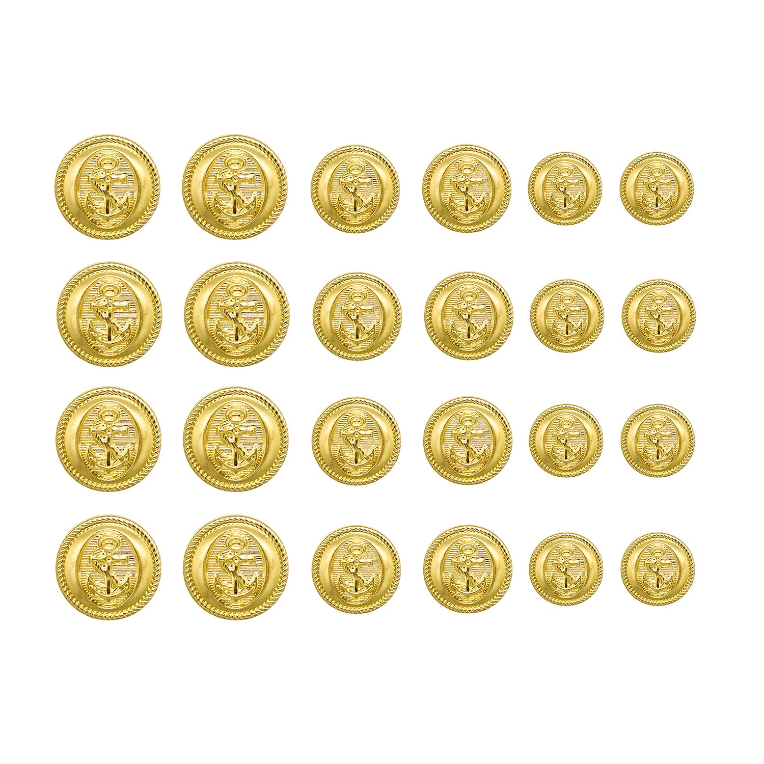 Twenty-four Anchor Sailor Design Metal Blazer Buttons are arranged in a neat grid pattern on a white background.