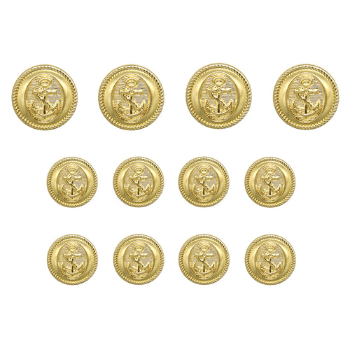 The Anchor Sailor Design Metal Blazer Buttons set includes twelve gold buttons with an anchor motif, arranged in three rows on a white background—perfect for giving any jacket a stylish nautical flair.