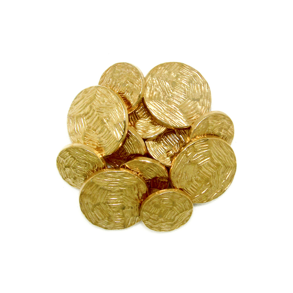 A cluster of round, textured Designer Blazer Buttons arranged on a white background, resembling gold coins.