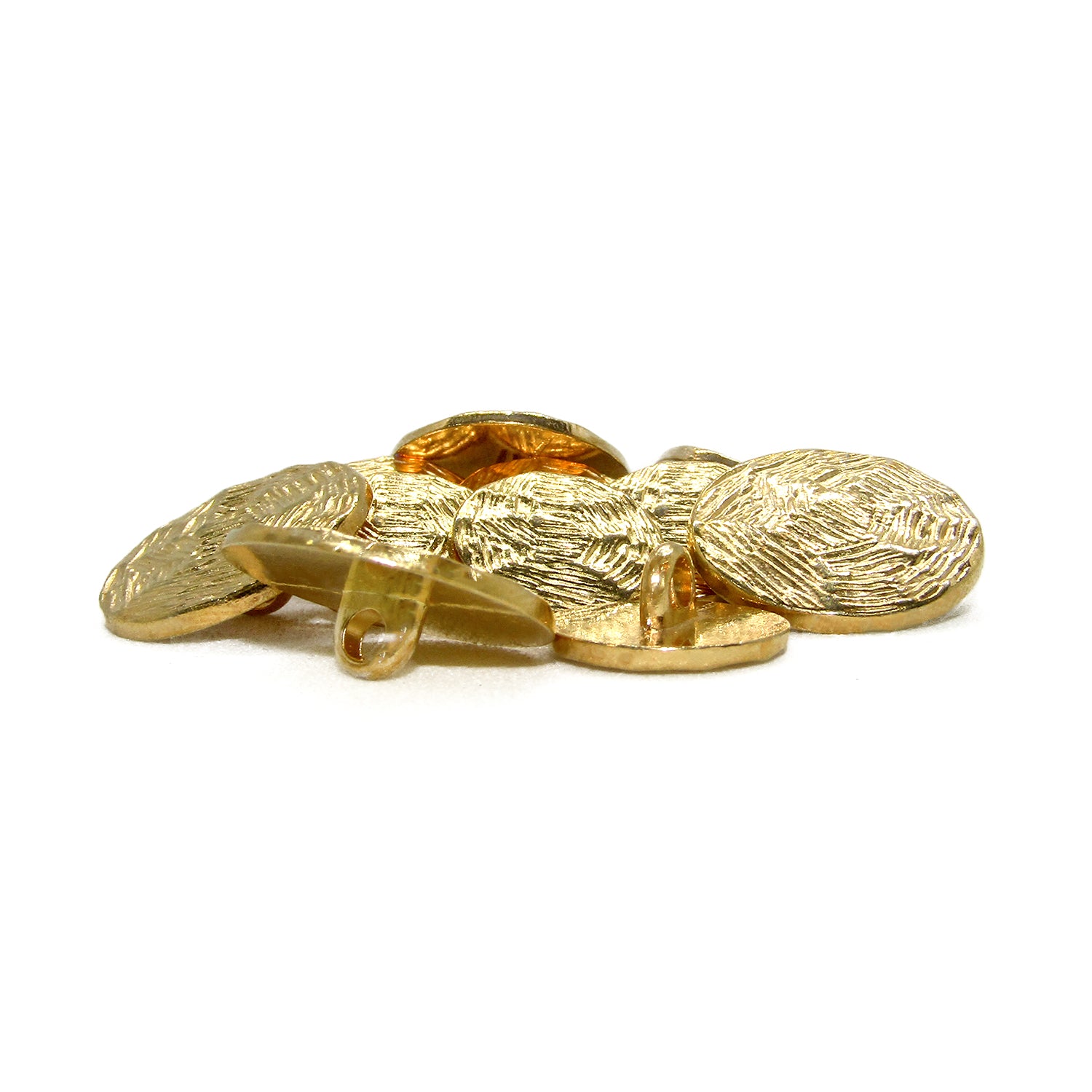 A small pile of Designer Blazer Buttons made from textured gold-colored metal with shanks, ideal for blazers, displayed on a white background.