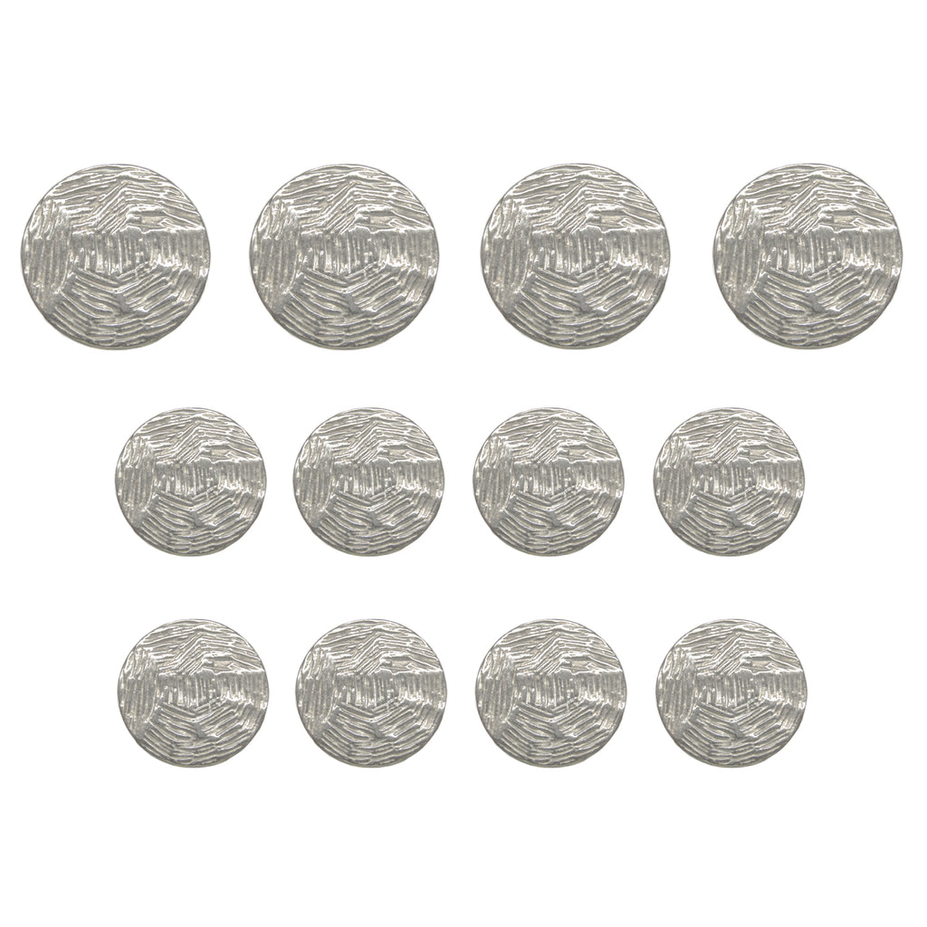 Twelve Designer Blazer Buttons, silver in color, are arranged in three rows on a white background.