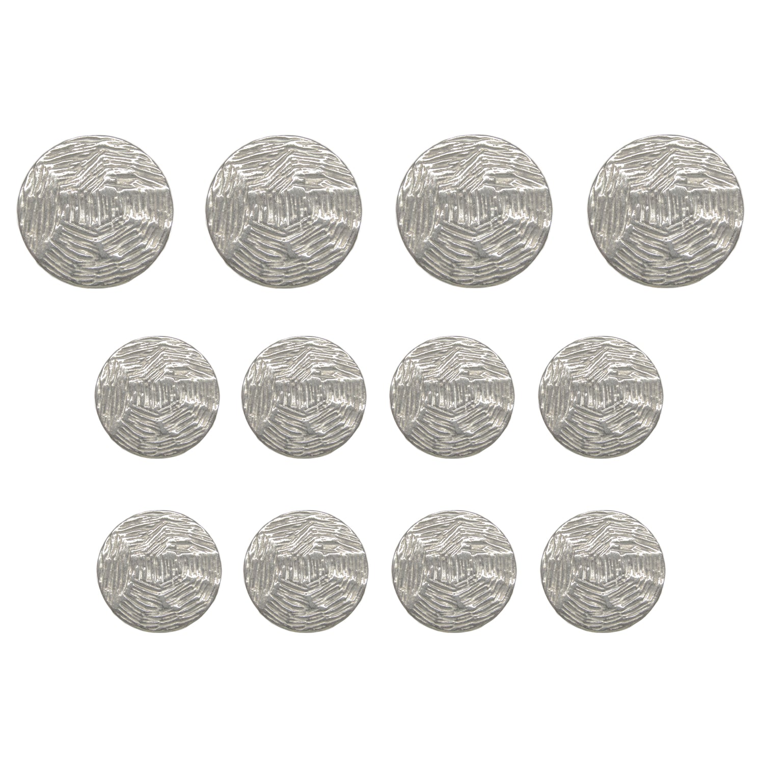 Twelve Designer Blazer Buttons, silver in color, are arranged in three rows on a white background.