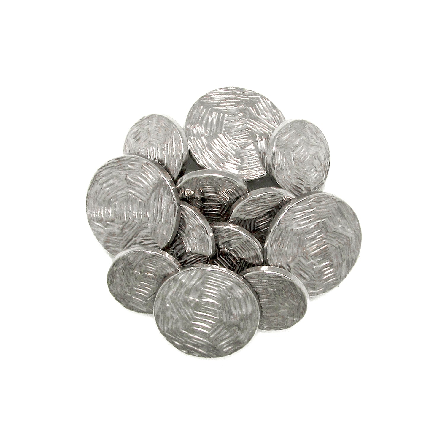 A set of round, textured Designer Blazer Buttons arranged in a circle on a white background, ideal for replacing blazer buttons.