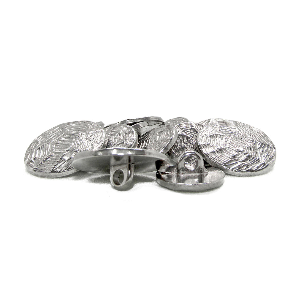 Designer Blazer Buttons in a silver-tone finish feature textured, leaf-like patterns and are stacked on a white background.