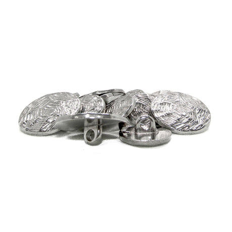 Designer Blazer Buttons in a silver-tone finish feature textured, leaf-like patterns and are stacked on a white background.