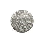 Designer Blazer Buttons—round, silver coins with abstract, textured line engravings, echoing the look of premium metal buttons often chosen as stylish replacements on designer blazers.