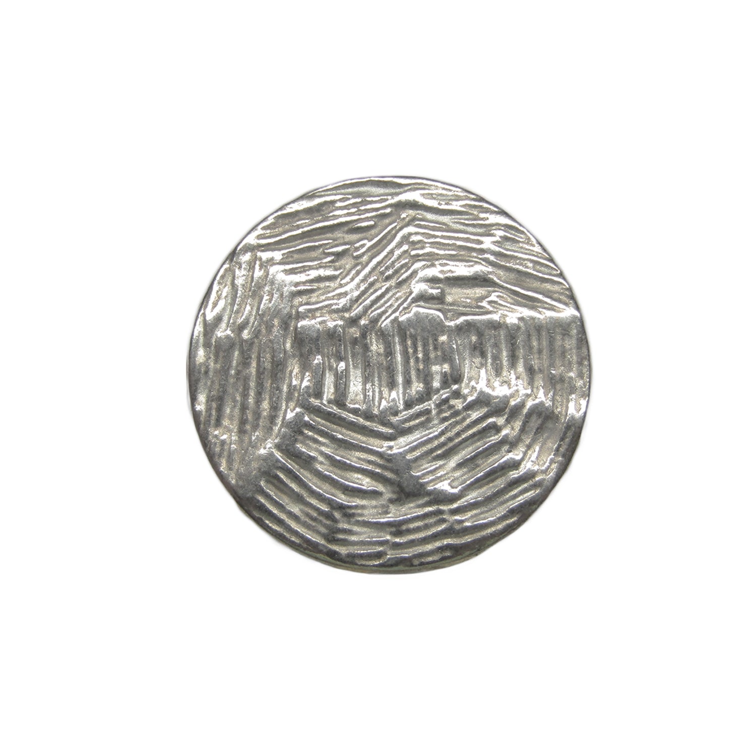 Designer Blazer Buttons—round, silver coins with abstract, textured line engravings, echoing the look of premium metal buttons often chosen as stylish replacements on designer blazers.