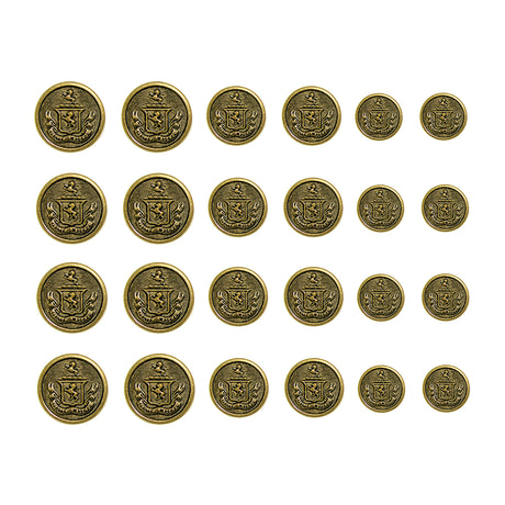 Set of 24 gold-tone Lion Crest Design Metal Blazer Buttons, featuring a detailed crest and arranged in four rows on a white background—ideal for replacing your blazer’s metal buttons.