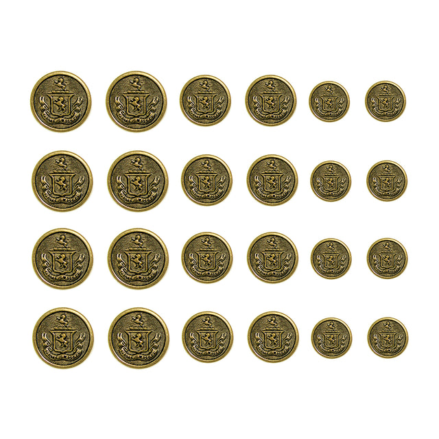 Set of 24 gold-tone Lion Crest Design Metal Blazer Buttons, featuring a detailed crest and arranged in four rows on a white background—ideal for replacing your blazer’s metal buttons.