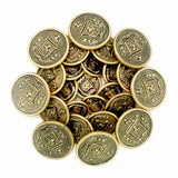 A stack of round, gold-toned coins featuring a lion crest and shield design, just like Lion Crest Design Metal Blazer Buttons—ideal as elegant replacement metal buttons for blazers.