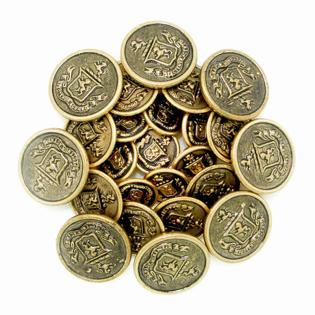 A stack of round, gold-toned coins featuring a lion crest and shield design, just like Lion Crest Design Metal Blazer Buttons—ideal as elegant replacement metal buttons for blazers.