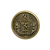 A round gold Lion Crest Design Metal Blazer Button featuring a coat of arms with two lions and a banner reading "Lecamus Agendum.