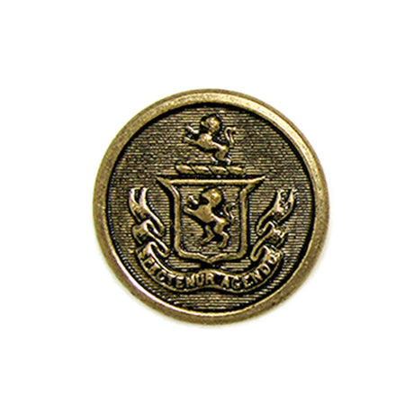 A round gold Lion Crest Design Metal Blazer Button featuring a coat of arms with two lions and a banner reading "Lecamus Agendum.
