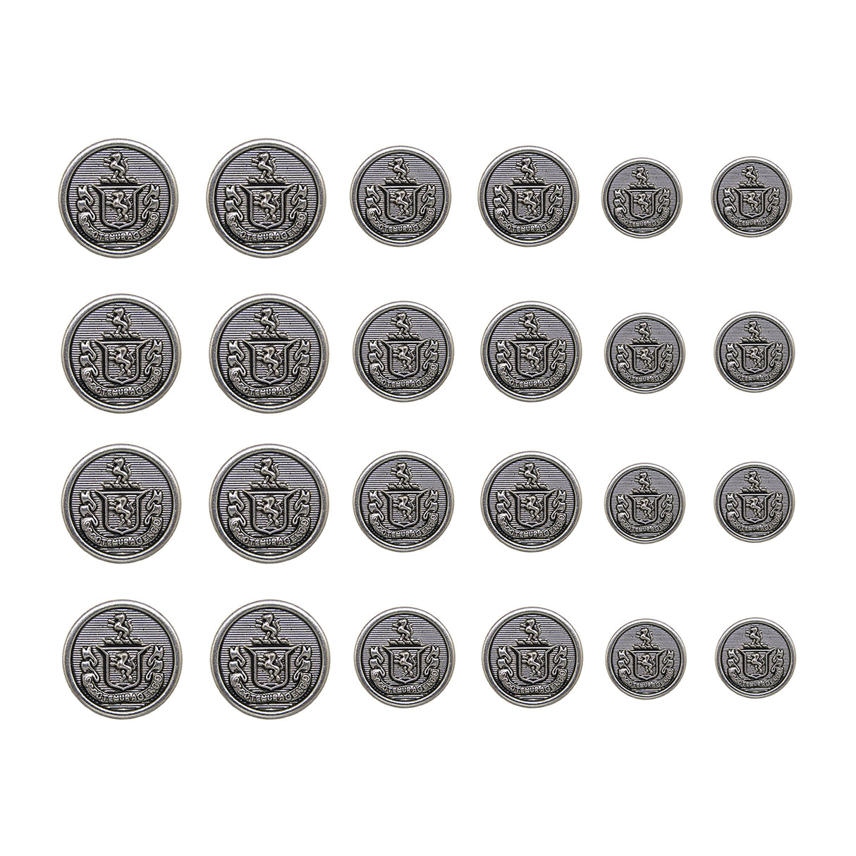 Twenty-five Lion Crest Design Metal Blazer Buttons, arranged in a 5x5 grid on a white background—ideal for replacing blazer buttons to achieve a sharp, classic style.