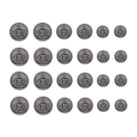 Twenty-five Lion Crest Design Metal Blazer Buttons, arranged in a 5x5 grid on a white background—ideal for replacing blazer buttons to achieve a sharp, classic style.