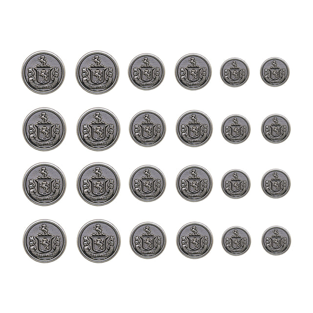 Twenty-five Lion Crest Design Metal Blazer Buttons, arranged in a 5x5 grid on a white background—ideal for replacing blazer buttons to achieve a sharp, classic style.