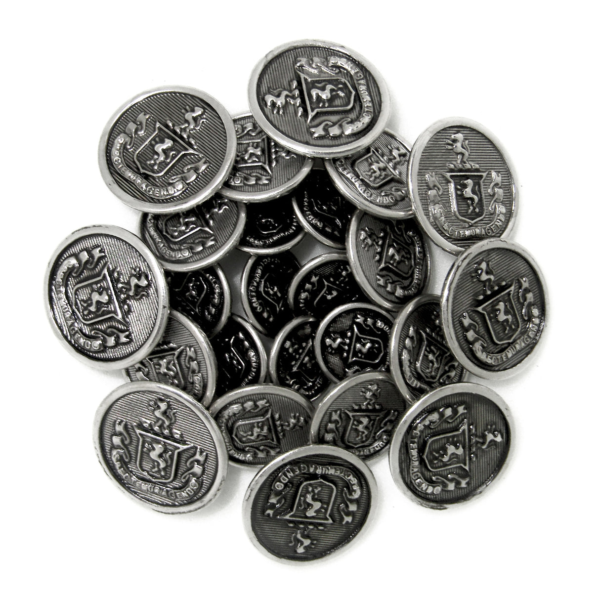 Upgrade your jacket with Lion Crest Design Metal Blazer Buttons—round, silver buttons adorned with a lion and shield motif, ideal replacements for a timeless, distinguished blazer style.