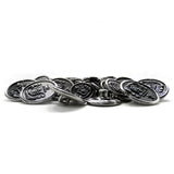 Lion Crest Design Metal Blazer Buttons, featuring embossed silver designs, are shown scattered on a white surface.