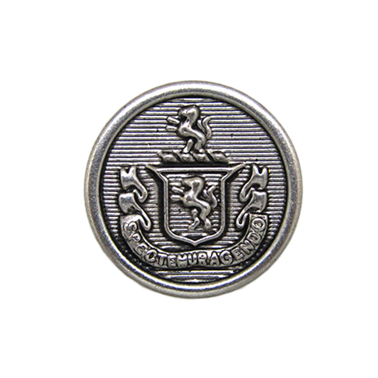 Lion Crest Design Metal Blazer Button—round, silver, featuring a lion crest with two lions and a ribbon inscribed “S.P.Q.L. EMURAGENDO.” Ideal as a stylish replacement for blazer buttons.