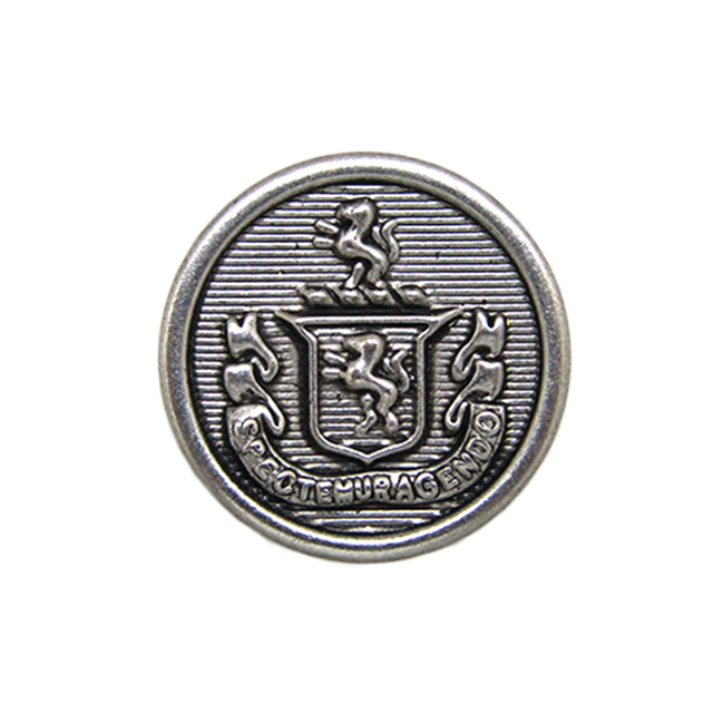 Lion Crest Design Metal Blazer Button—round, silver, featuring a lion crest with two lions and a ribbon inscribed “S.P.Q.L. EMURAGENDO.” Ideal as a stylish replacement for blazer buttons.