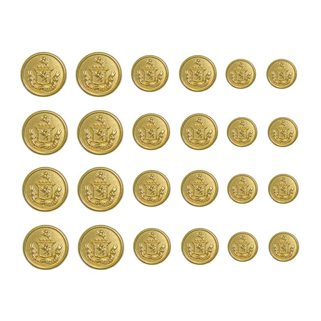 A set of 24 Lion Crest Design Metal Blazer Buttons, arranged in a 4x6 grid on a white background, ideal as replacement buttons for blazers.