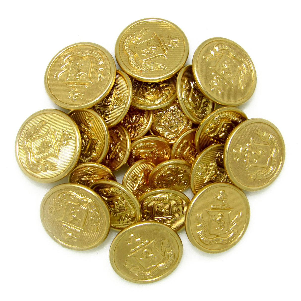 Lion Crest Design Metal Blazer Buttons feature a shiny gold finish and ornate engraved details, ideal as replacement buttons or to add elegance to any jacket.