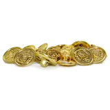 A set of shiny Lion Crest Design Metal Blazer Buttons with embossed details sits on a white background, ideal as stylish replacement blazer buttons.
