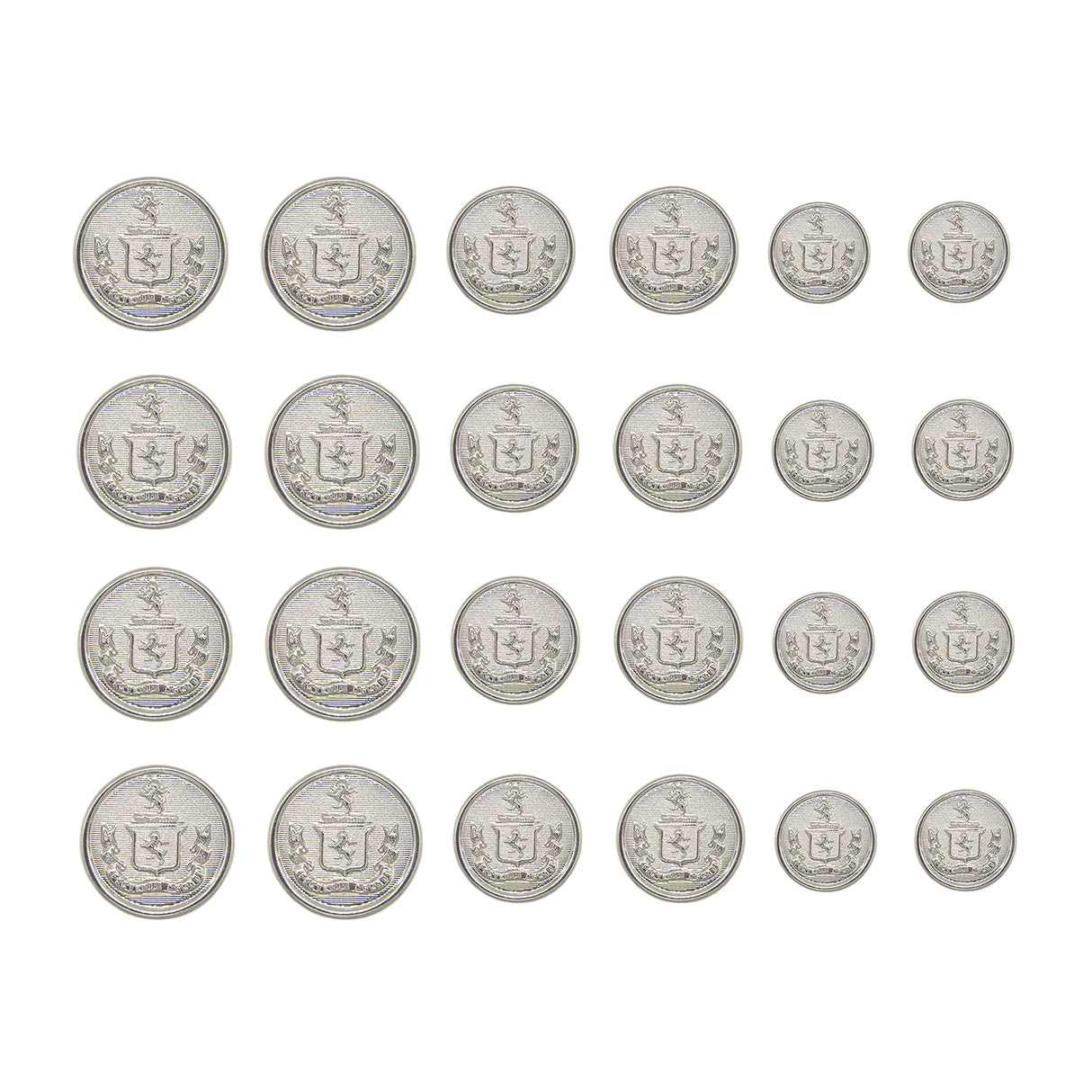 Twenty-five Lion Crest Design Metal Blazer Buttons are displayed in a 5x5 grid on a white background, highlighting these stylish metal buttons as perfect replacements for blazers.