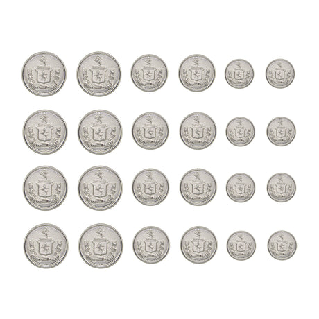 Twenty-five Lion Crest Design Metal Blazer Buttons are displayed in a 5x5 grid on a white background, highlighting these stylish metal buttons as perfect replacements for blazers.
