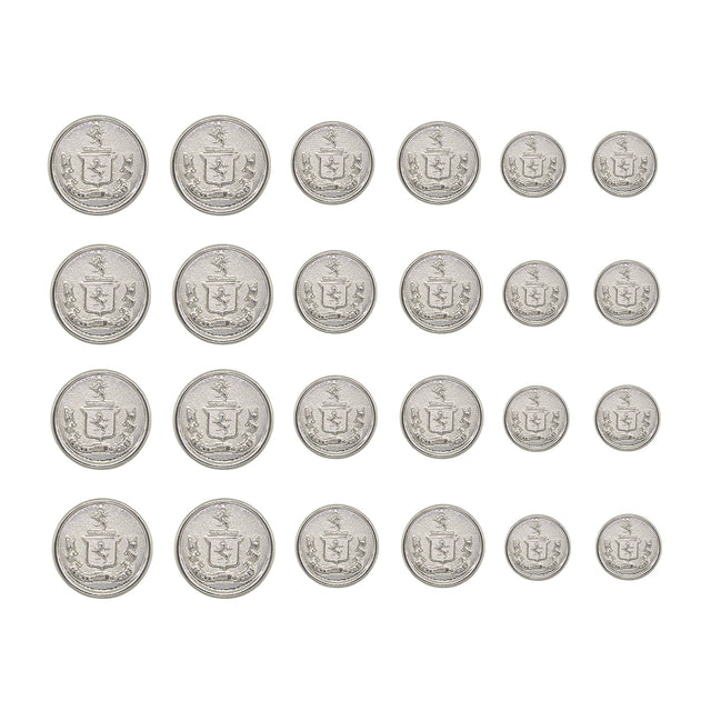 Twenty-five Lion Crest Design Metal Blazer Buttons are displayed in a 5x5 grid on a white background, highlighting these stylish metal buttons as perfect replacements for blazers.