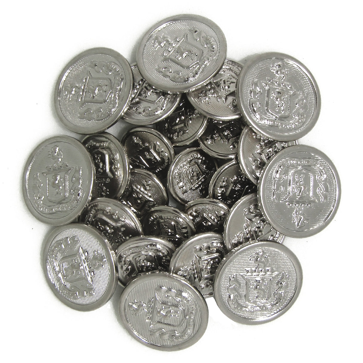 A loose cluster of Lion Crest Design Metal Blazer Buttons with shiny silver finish and engraved lion crests, displayed on a white background—perfect for replacing blazer buttons.