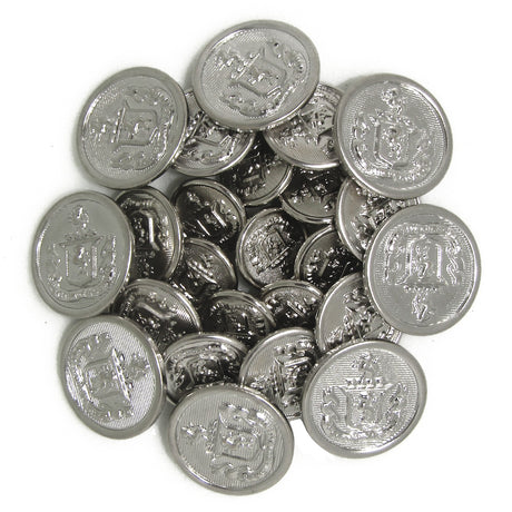 A loose cluster of Lion Crest Design Metal Blazer Buttons with shiny silver finish and engraved lion crests, displayed on a white background—perfect for replacing blazer buttons.