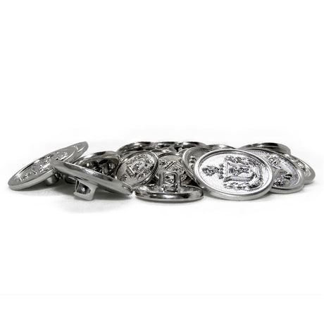 A set of shiny silver Lion Crest Design Metal Blazer Buttons with embossed motifs and side shanks—perfect as replacement buttons for blazers.