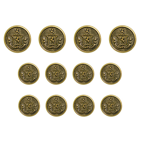 Eleven Lion Crest Design Metal Blazer Buttons displayed in three rows on a white background—ideal as replacement blazer buttons to achieve a timeless, classic style.