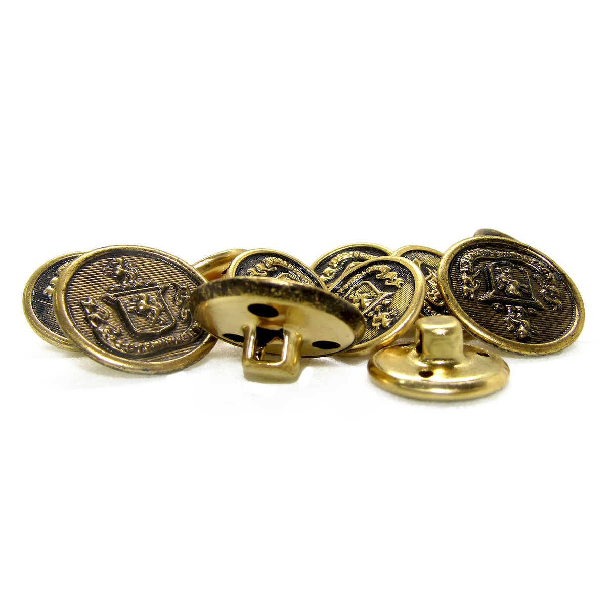 Lion Crest Design Metal Blazer Buttons, featuring embossed crest details in an antique gold finish, displayed on a white background.