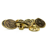 Lion Crest Design Metal Blazer Buttons, featuring embossed crest details in an antique gold finish, displayed on a white background.