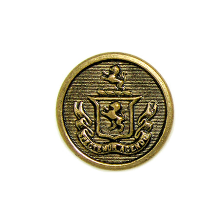 Lion Crest Design Metal Blazer Button featuring a brass lion crest and "Faciemur Agendo" banner on a textured background—perfect as a stylish replacement for your blazer.