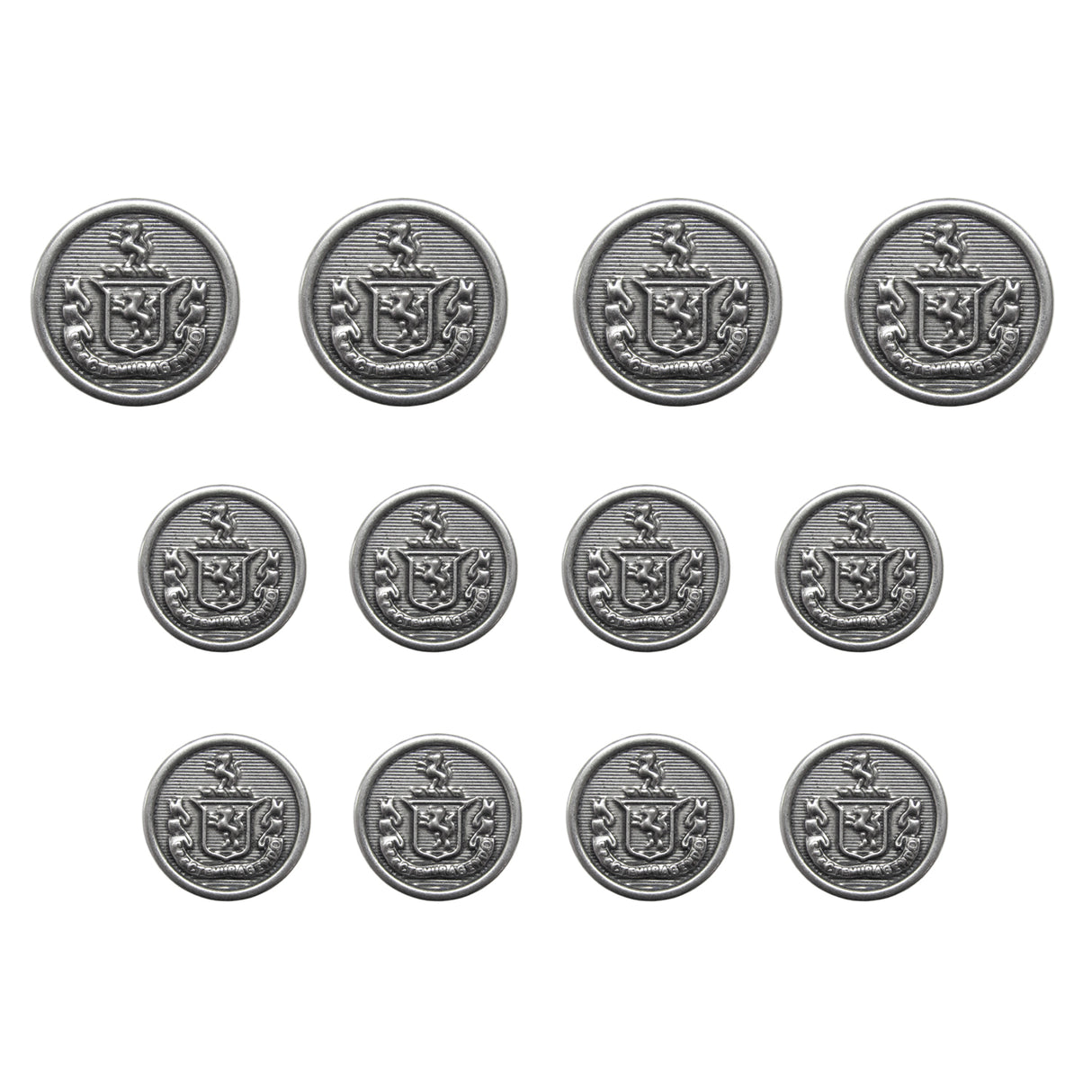 The Lion Crest Design Metal Blazer Buttons set includes eleven metal buttons arranged in three rows on a white background—ideal for replacing your blazer buttons.