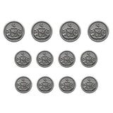 The Lion Crest Design Metal Blazer Buttons set includes eleven metal buttons arranged in three rows on a white background—ideal for replacing your blazer buttons.