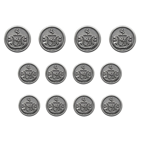 The Lion Crest Design Metal Blazer Buttons set includes eleven metal buttons arranged in three rows on a white background—ideal for replacing your blazer buttons.