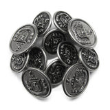 A pile of Lion Crest Design Metal Blazer Buttons in silver, each featuring a raised crest and decorative edge text.